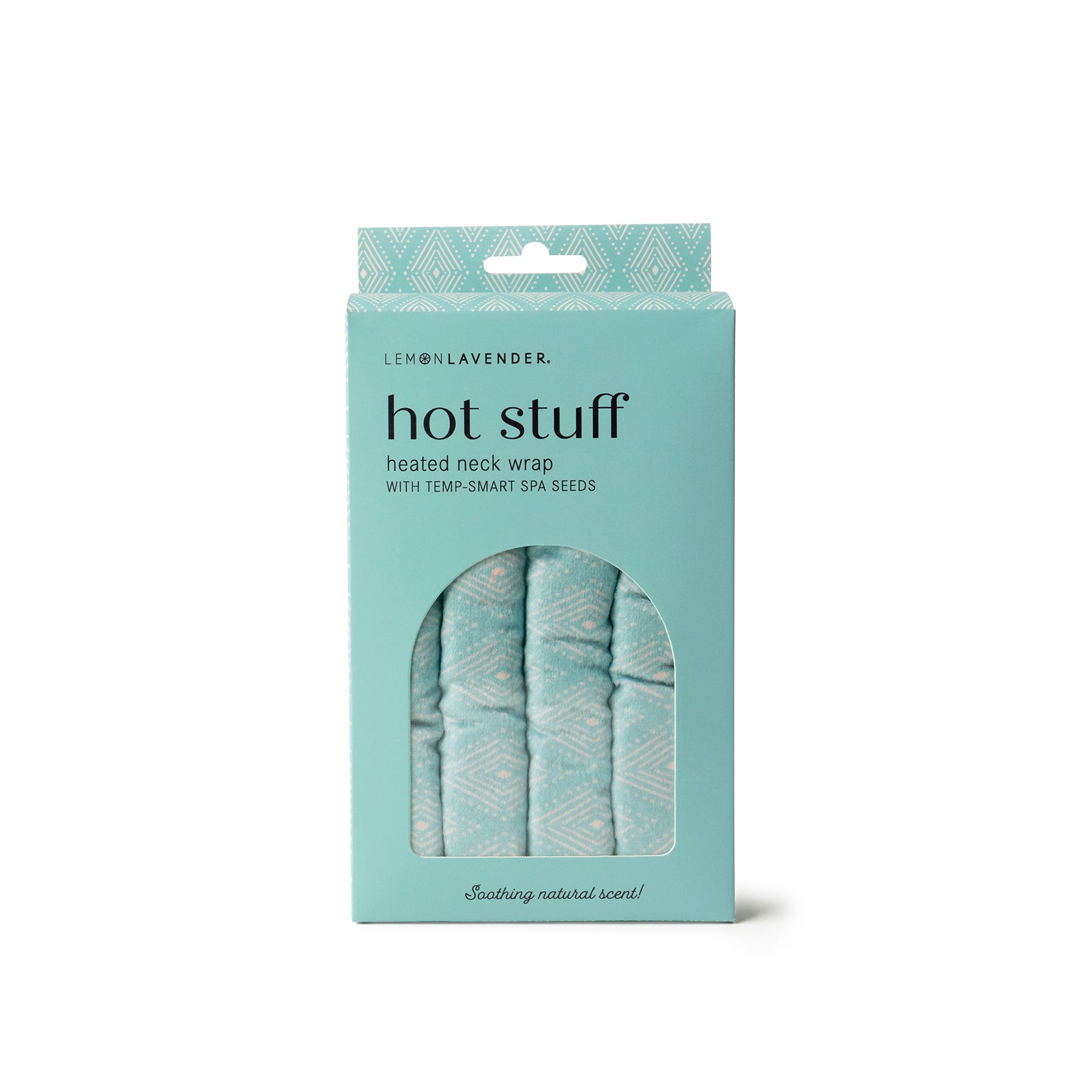 Lemon Lavender Hot Stuff heated neck wrap with light blue geometric print in aqua blue packaging