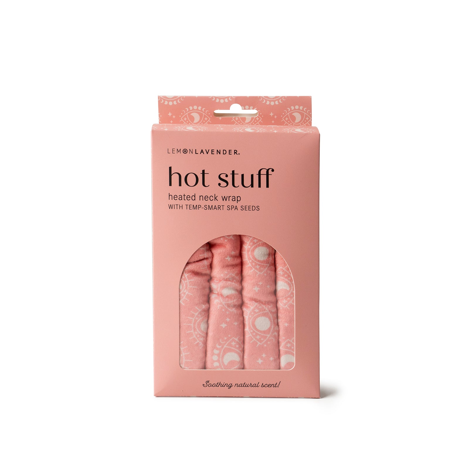 Lemon Lavender Hot Stuff heated neck wrap with pink eye print in coral pink packaging