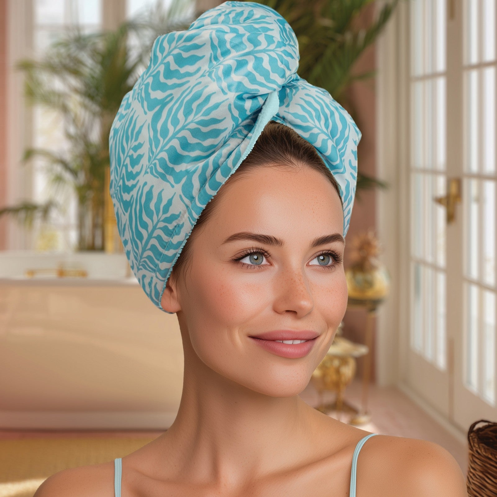 A woman wearing a turquoise and white patterned Lemon Lavender wrap headwrap, shown in a bright bathroom setting.