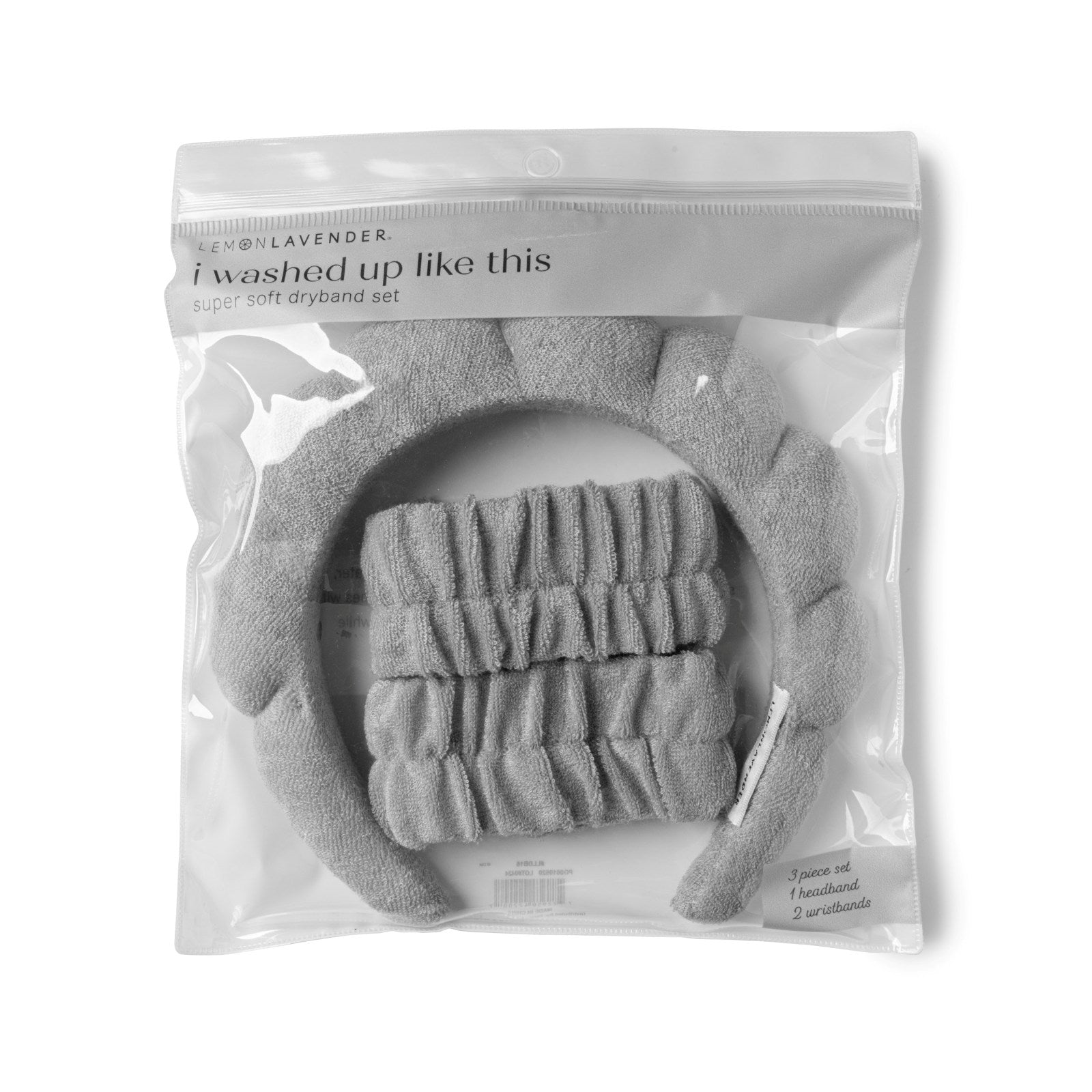 Gray 'super soft dryband set' in packaging with a Lemon Lavender label.