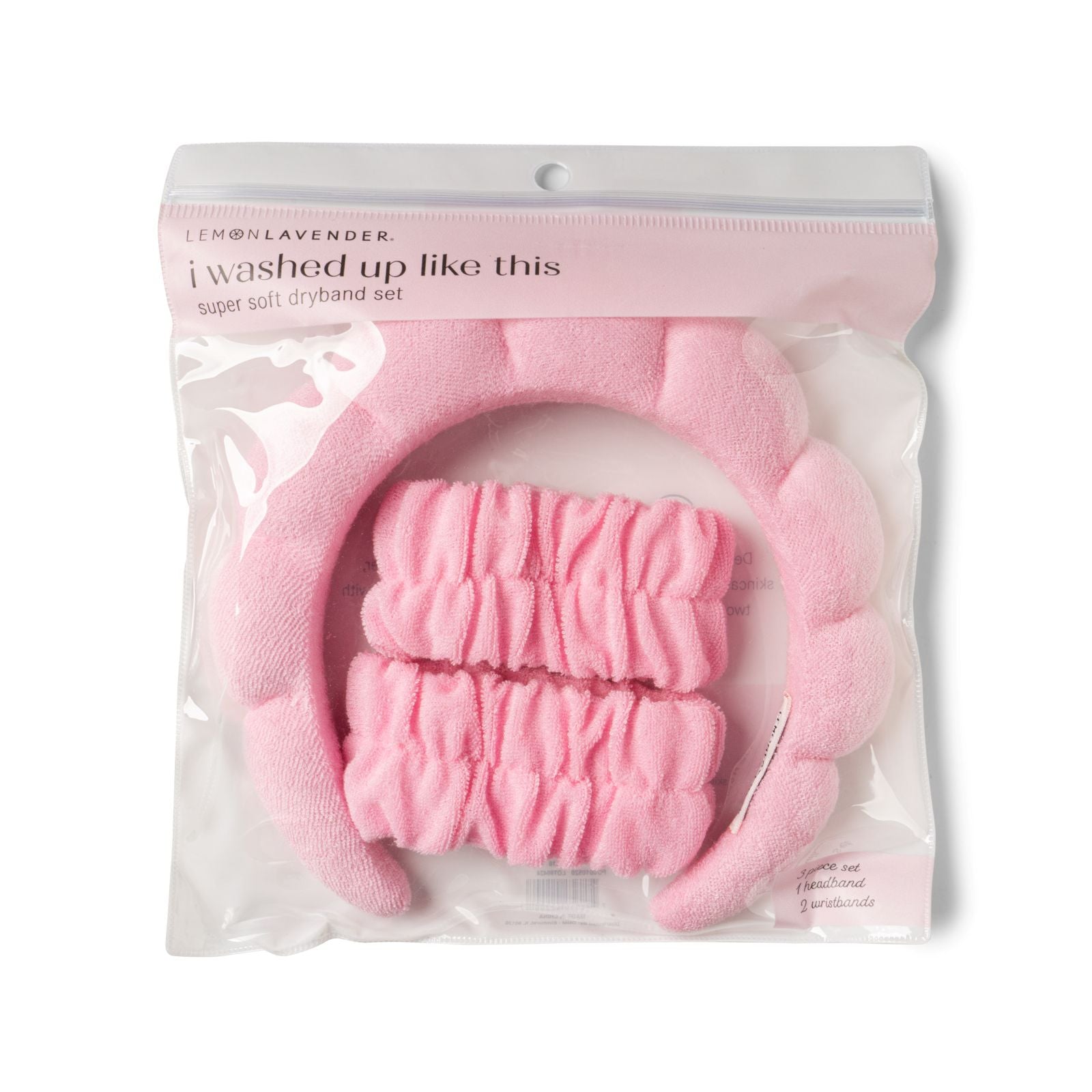 Pink 'super soft dryband set' in packaging with a Lemon Lavender label.