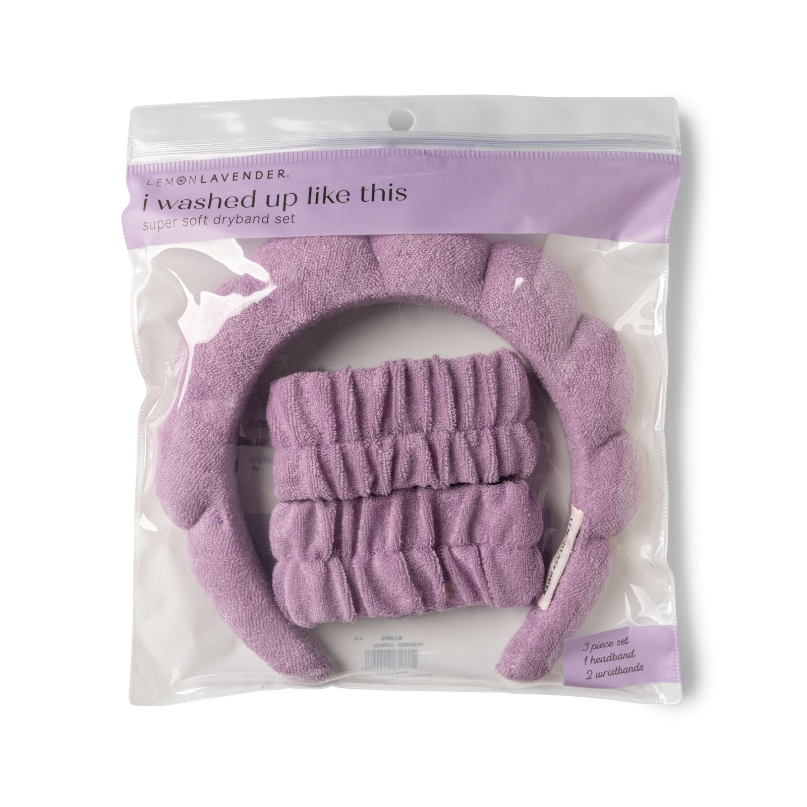 Purple 'super soft dryband set' in packaging with a Lemon Lavender label.