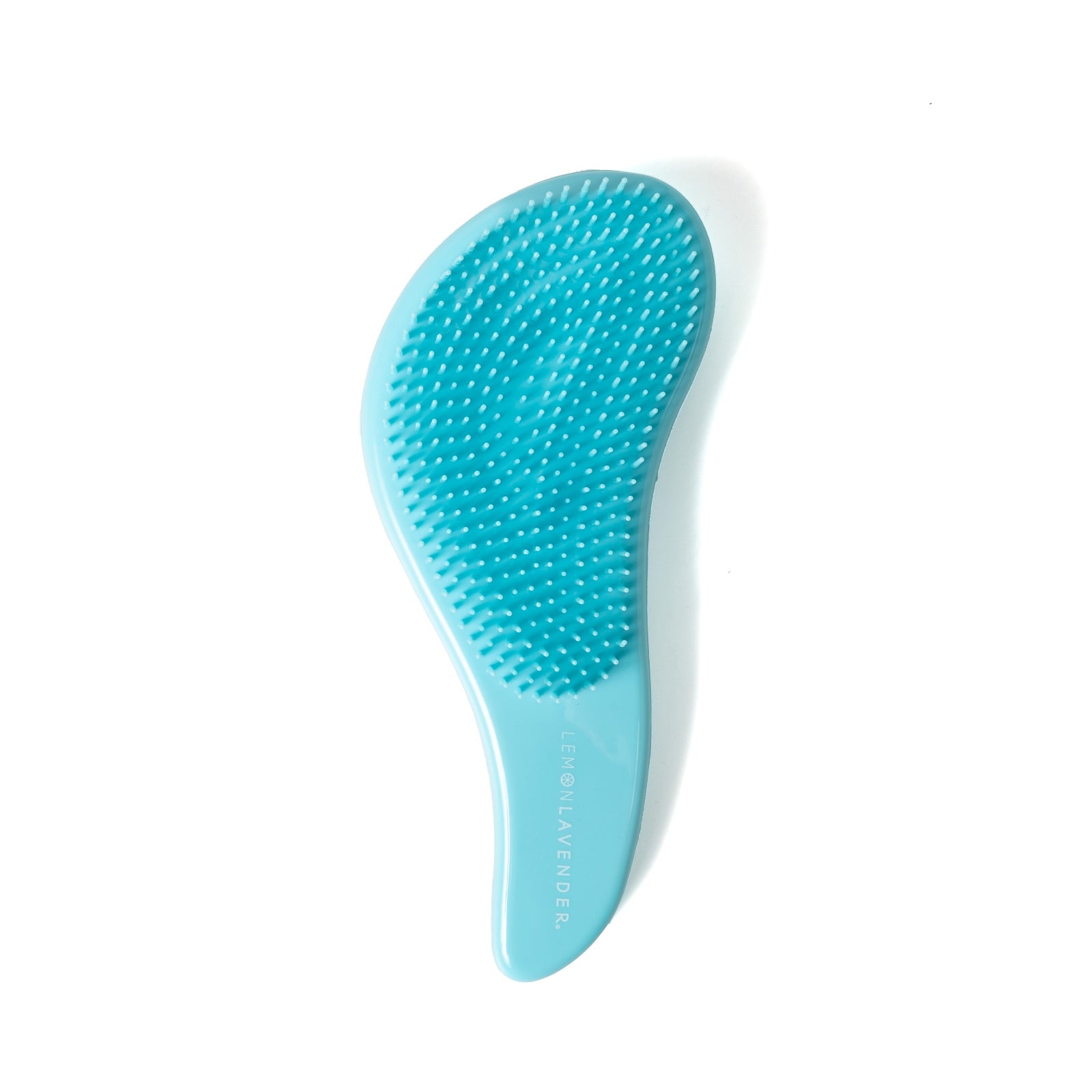 Blue hairbrush with white Lemon Lavender branding on a white background