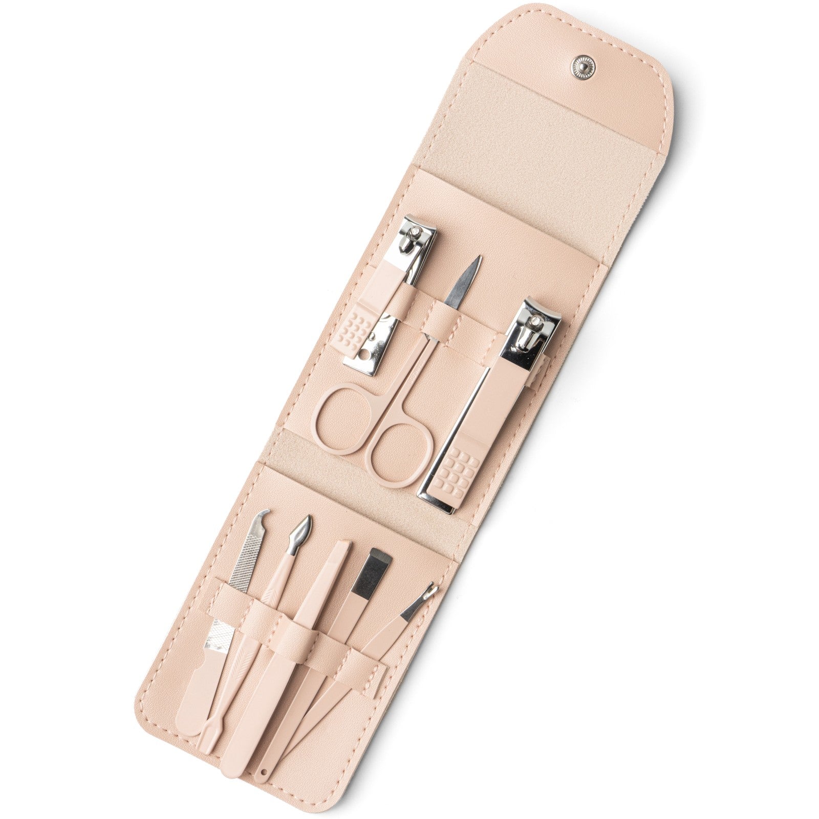 Manicure set with tools in a peach case on a white background