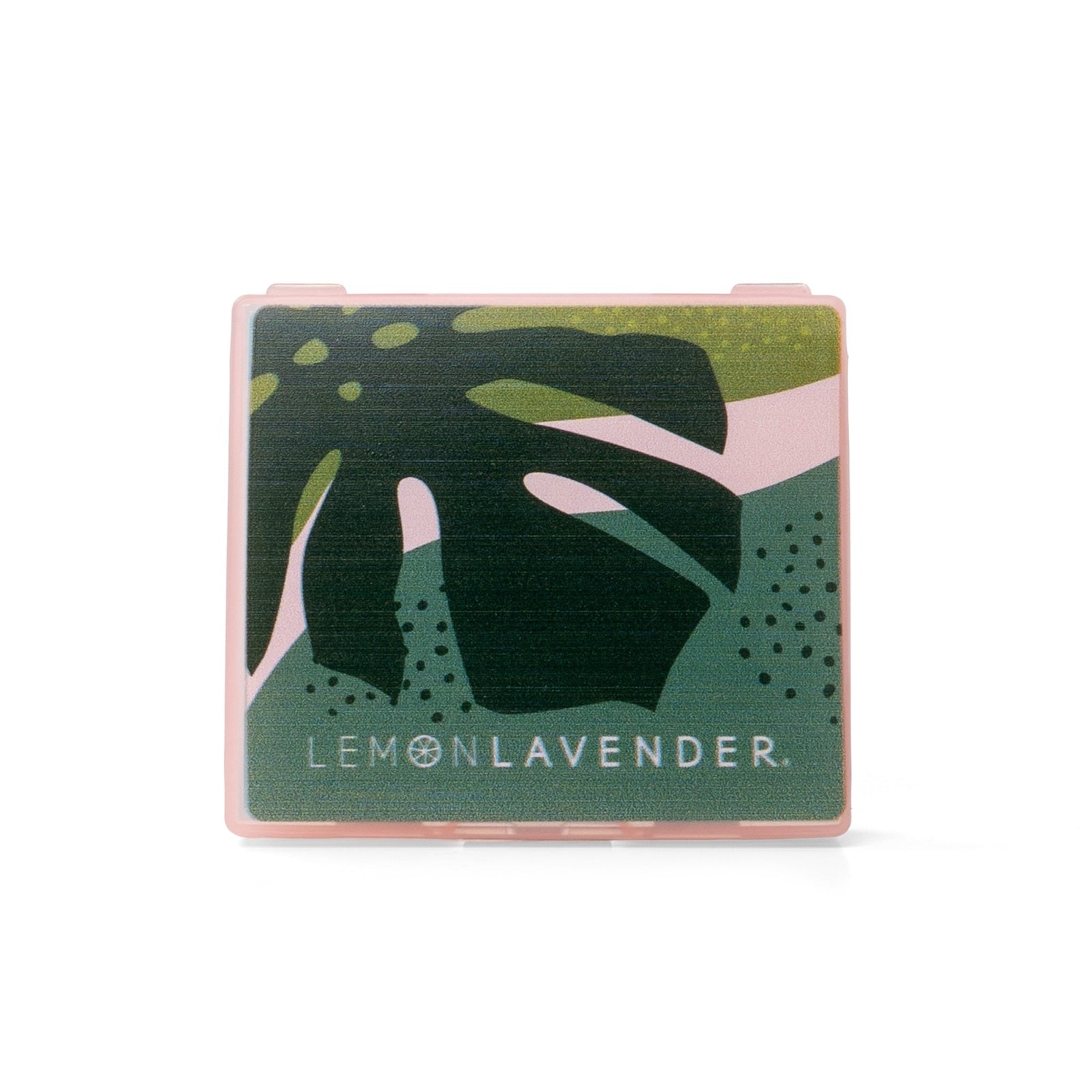 Rectangular Lemon Lavender case with a pink border and abstract dark green, sage green, and pink tropical leaf design on the front