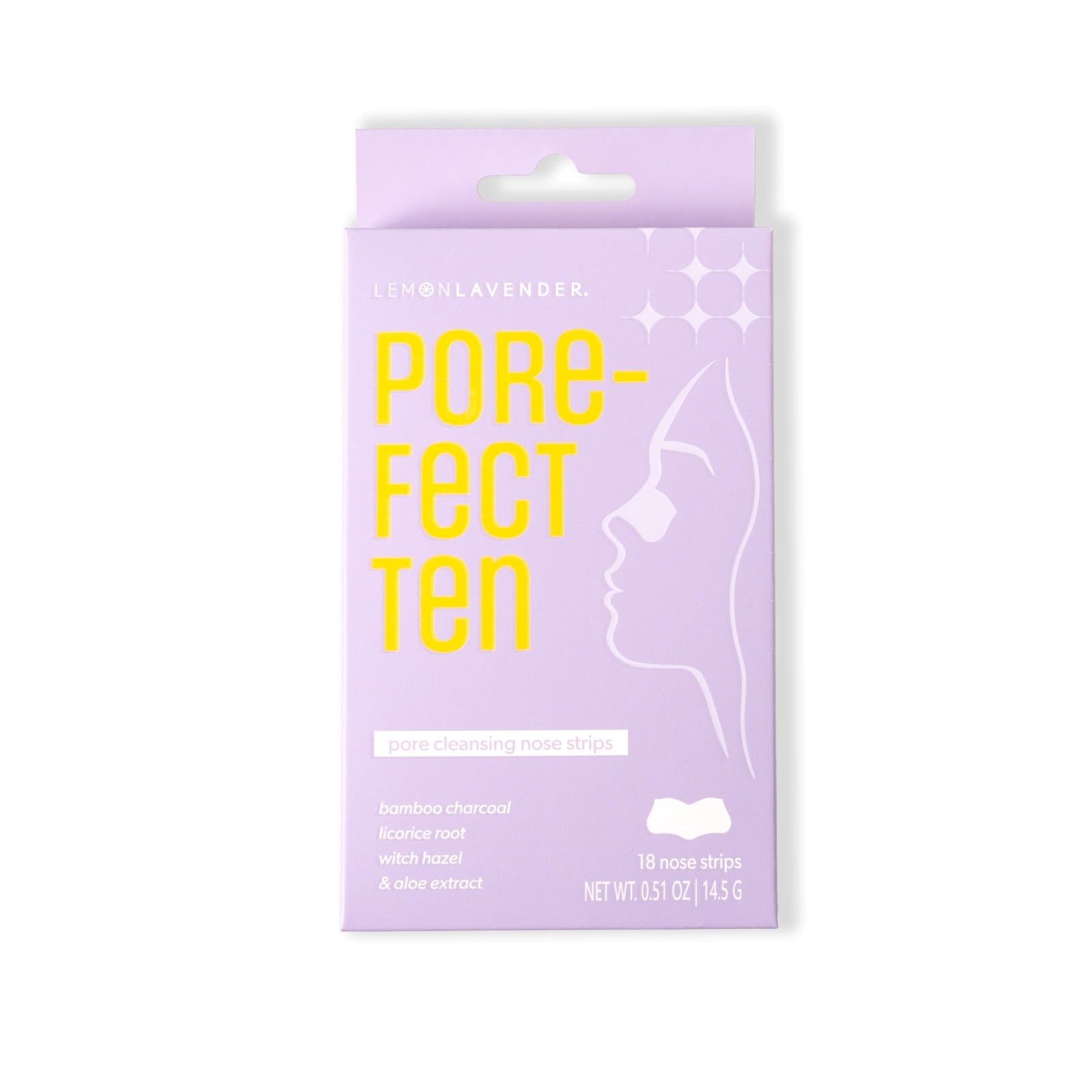 Purple packaging of 'Pore-fect Ten' face strips with a white background
