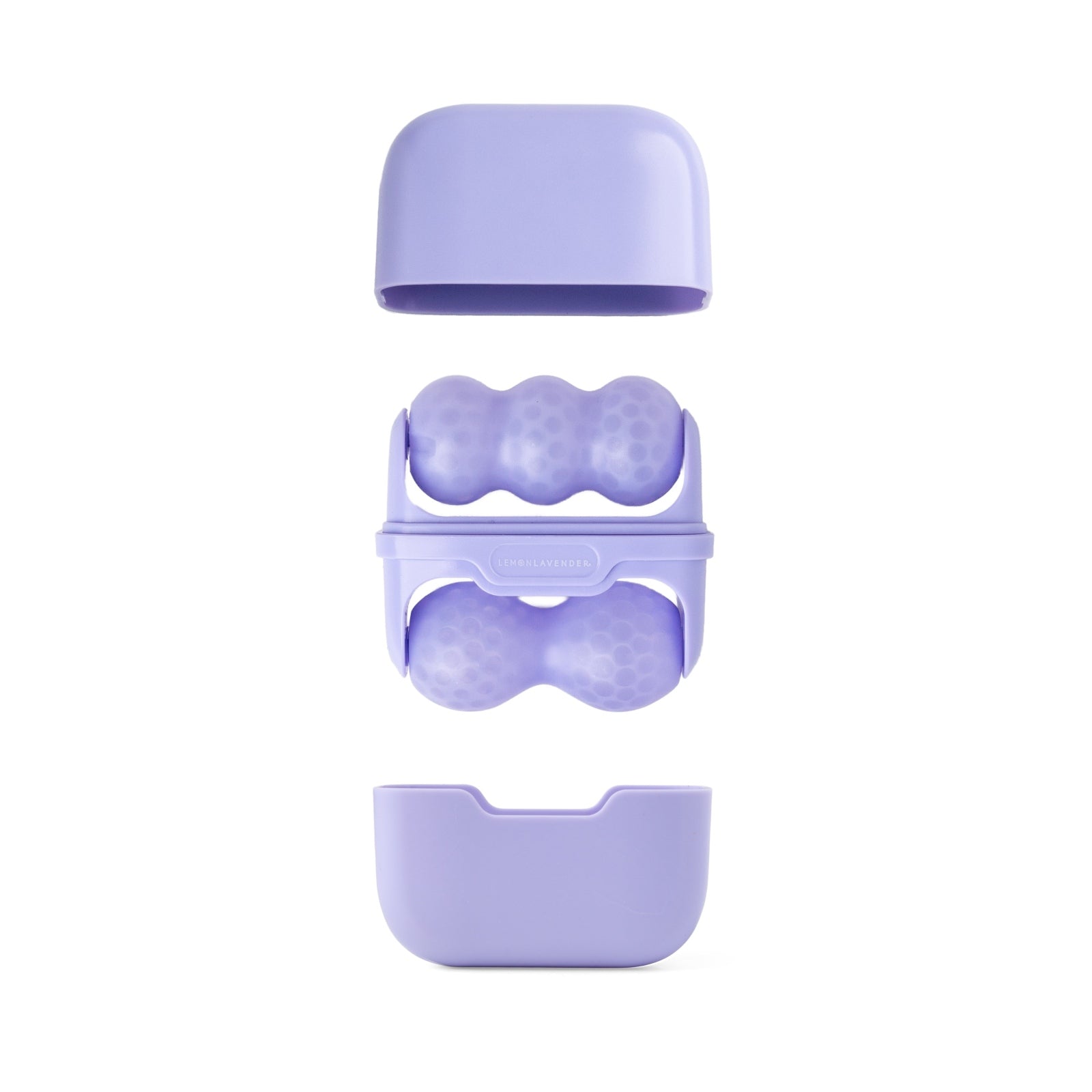 Lavender double-ended facial roller with a two-lobed textured roller on one end and a three-lobed textured roller on the other, shown separated from its matching lavender protective case