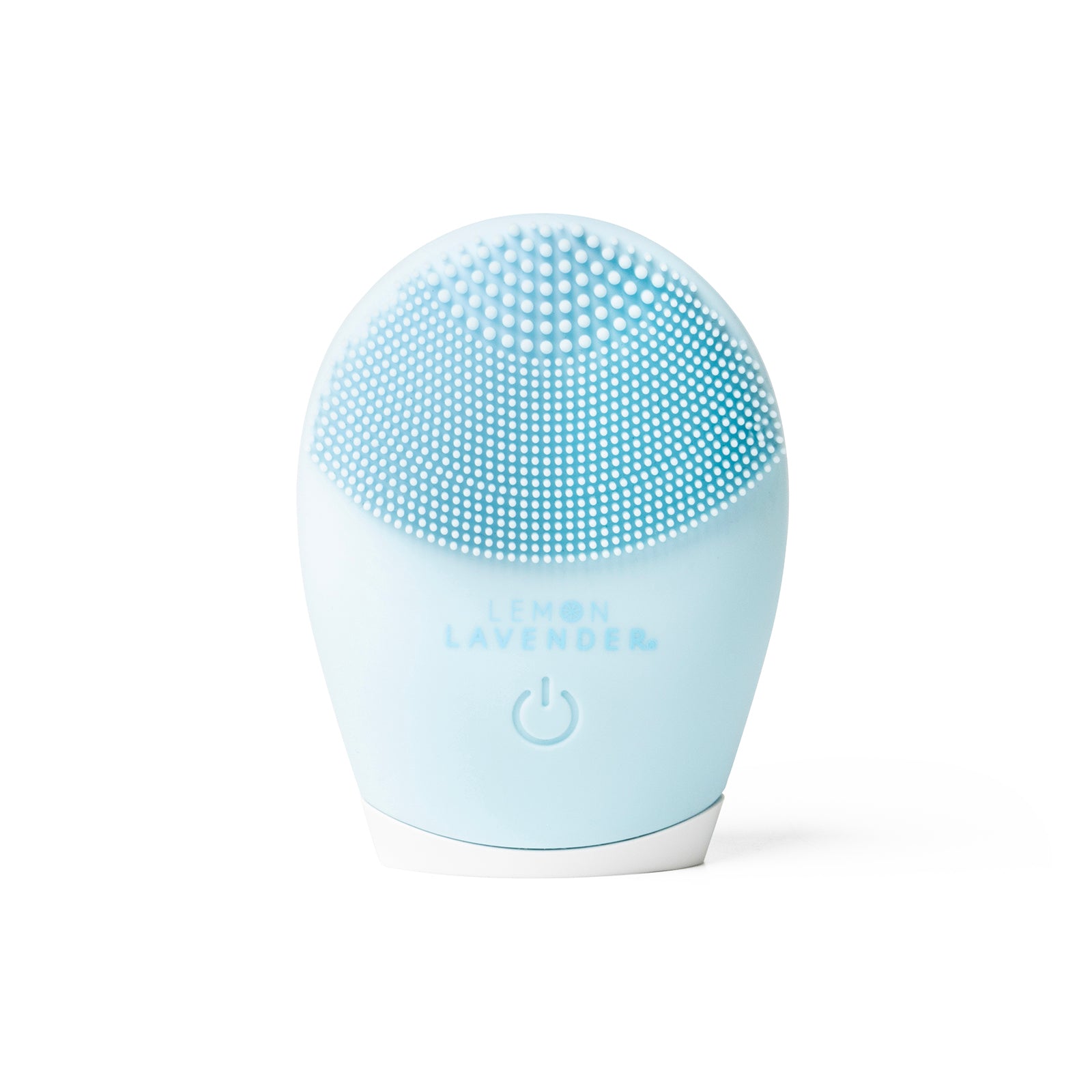 Blue facial cleansing brush with power symbol on a white background