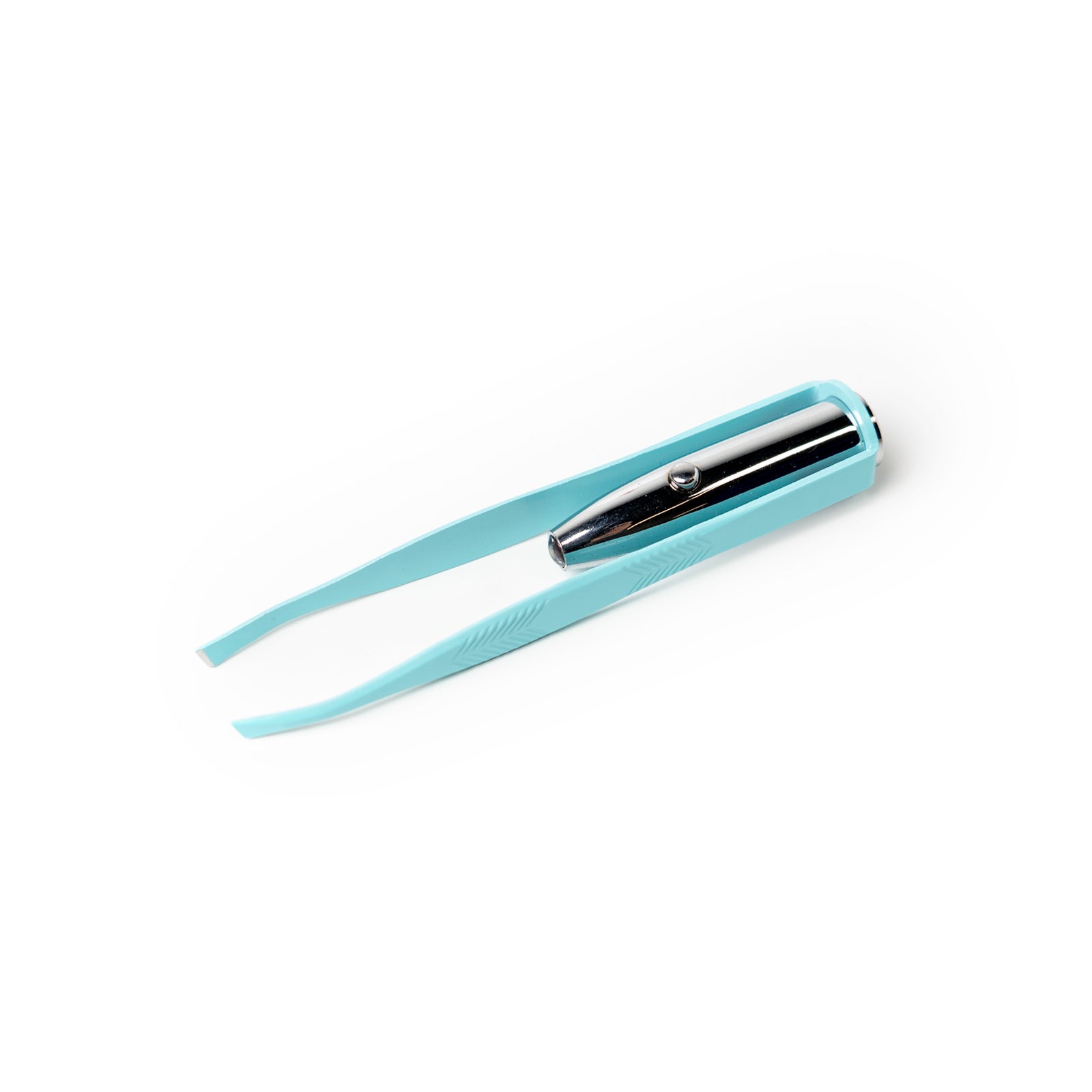 Aqua blue high-grip tweezers with built-in silver LED light on a white background